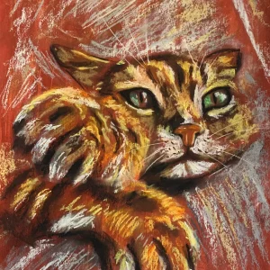 An original expressionist ginger cat painting in soft pastel, depicting a textured orange tabby cat with green eyes on a vibrant red background.