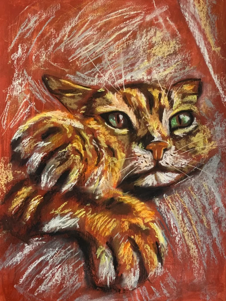 An original expressionist ginger cat painting in soft pastel, depicting a textured orange tabby cat with green eyes on a vibrant red background.