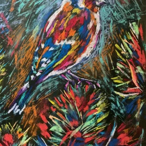 An original expressionist goldfinch bird painting in soft pastel, depicting a colorful multicolored songbird perched on vibrant pine needles.