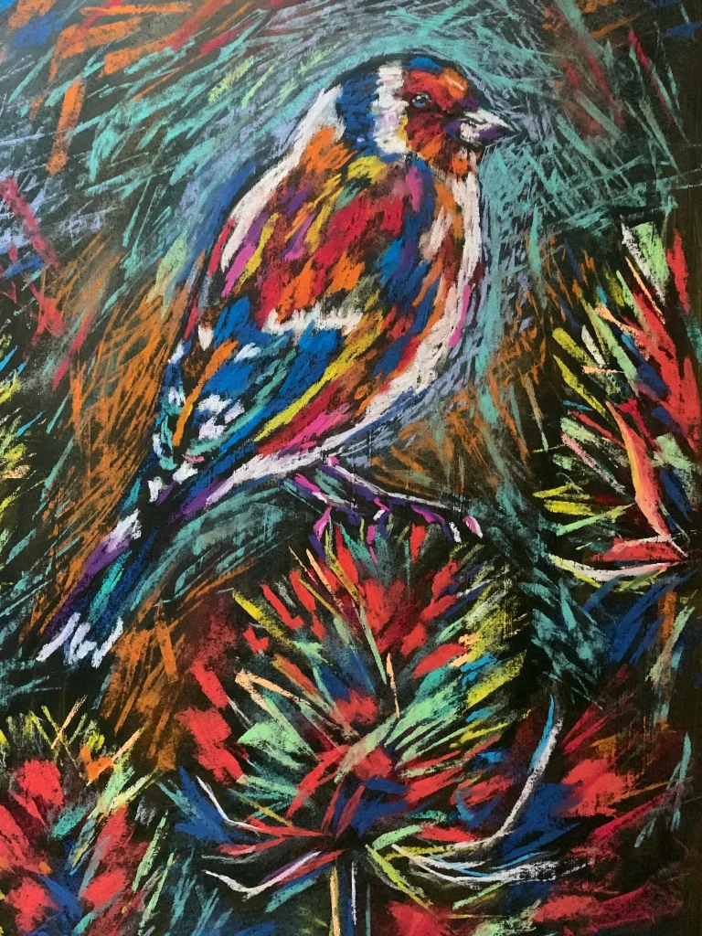 An original expressionist goldfinch bird painting in soft pastel, depicting a colorful multicolored songbird perched on vibrant pine needles.
