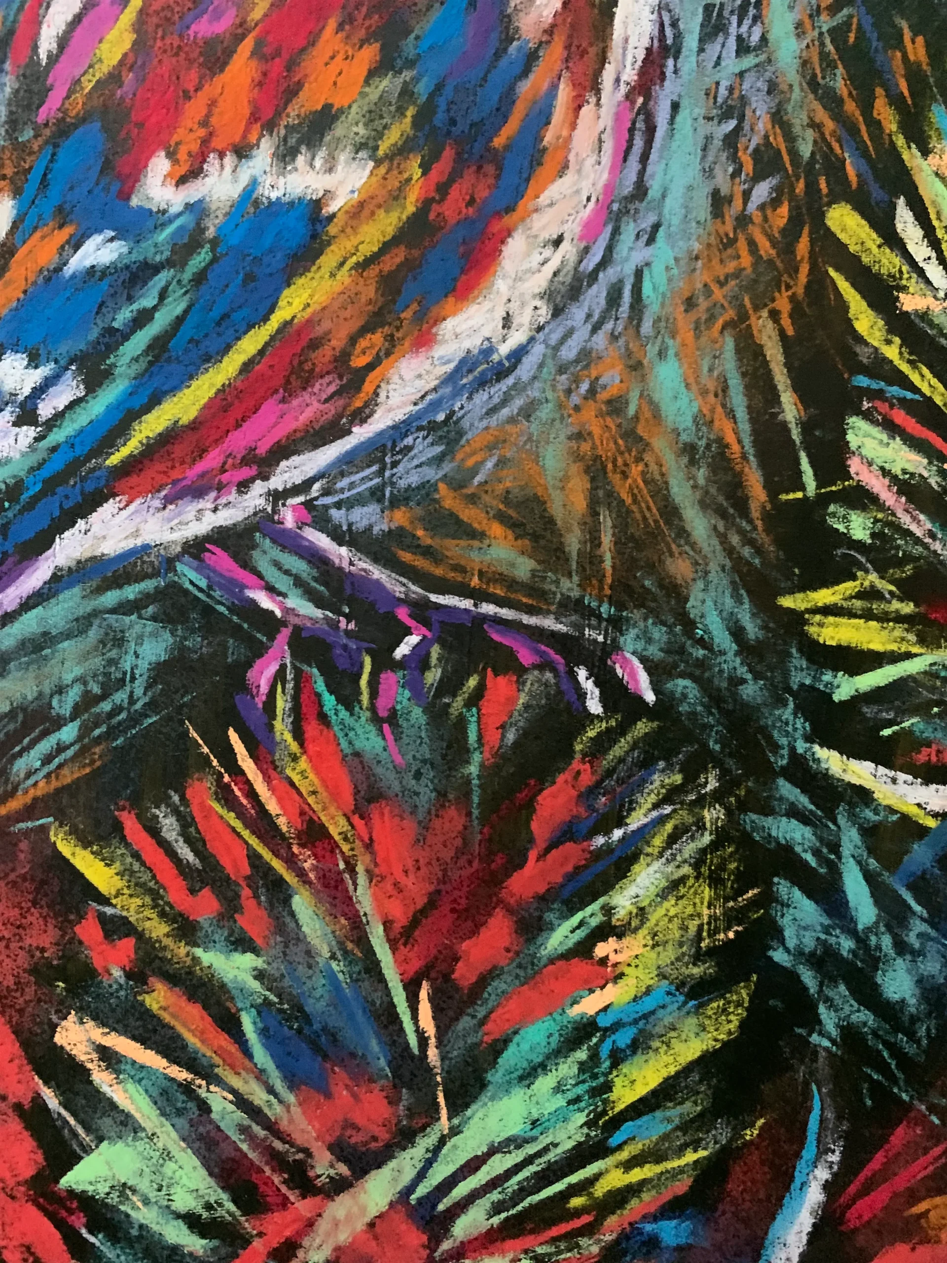 An original expressionist goldfinch bird painting in soft pastel, depicting a colorful multicolored songbird perched on vibrant pine needles.