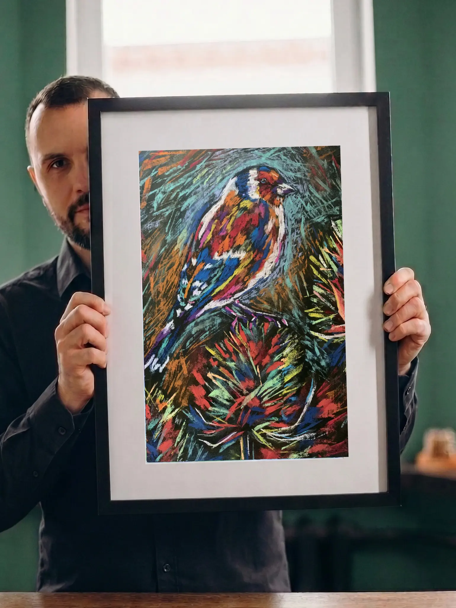 An original expressionist goldfinch bird painting in soft pastel, depicting a colorful multicolored songbird perched on vibrant pine needles.