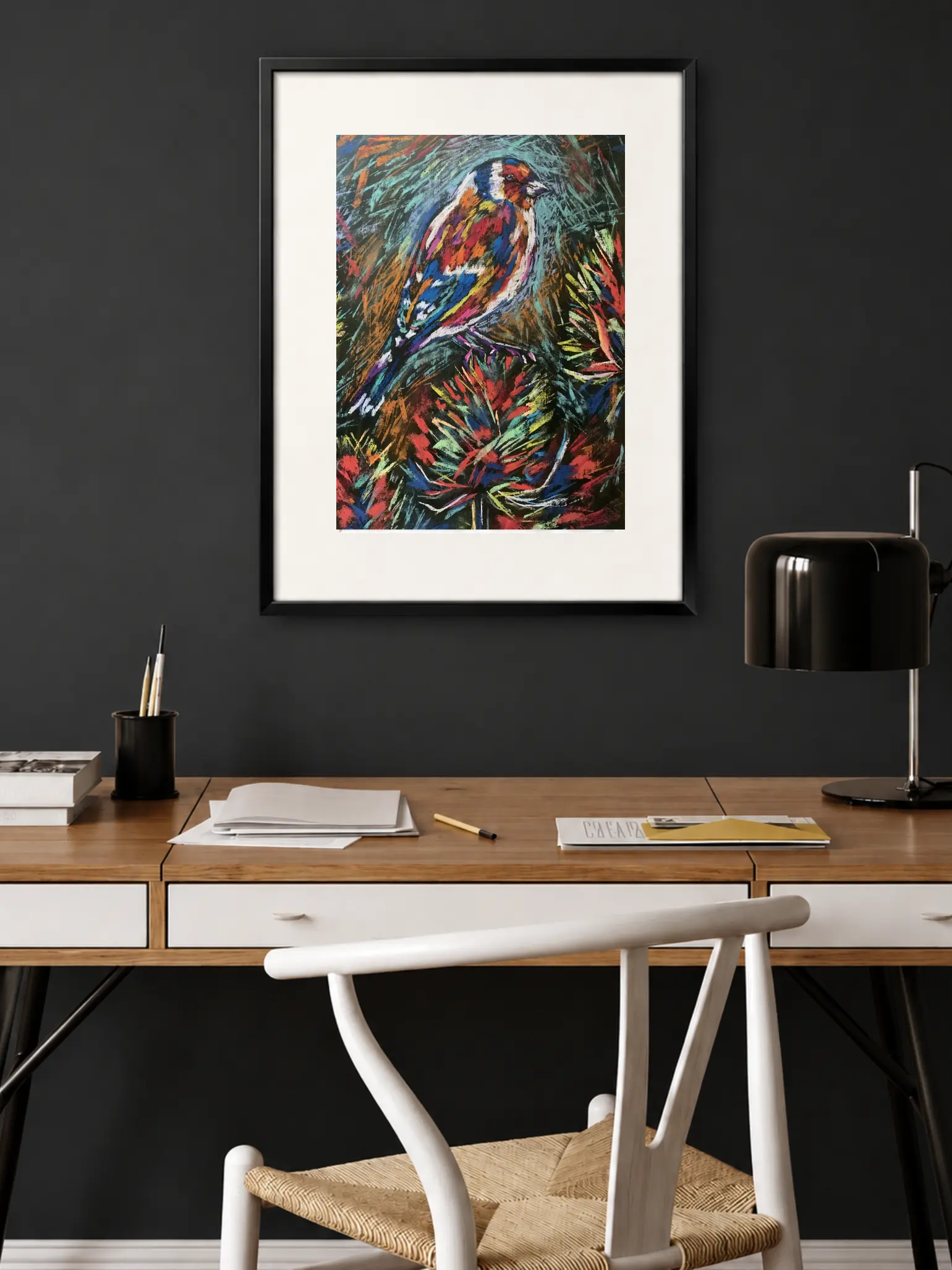An original expressionist goldfinch bird painting in soft pastel, depicting a colorful multicolored songbird perched on vibrant pine needles.