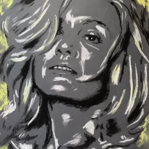 An original expressionist soft pastel portrait of actress Jessica Lange by Savchenko, depicted in high-contrast black, white, and grey tones with pale yellow highlights in her hair against a dark background.