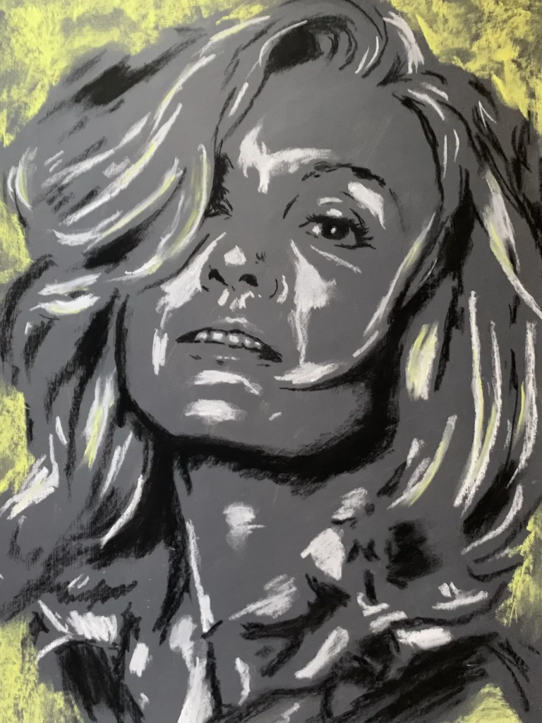 An original expressionist soft pastel portrait of actress Jessica Lange by Savchenko, depicted in high-contrast black, white, and grey tones with pale yellow highlights in her hair against a dark background.