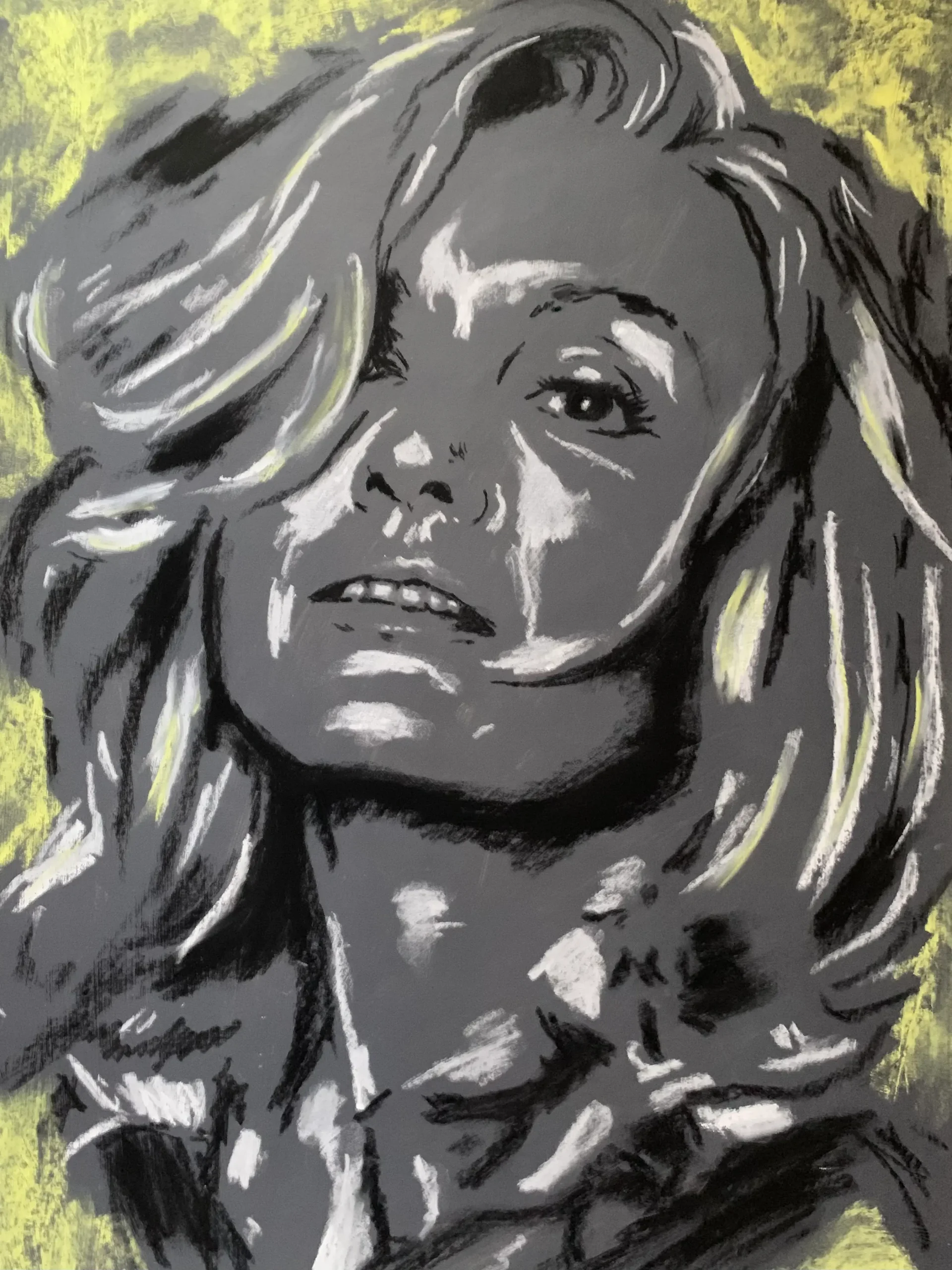 An original expressionist soft pastel portrait of actress Jessica Lange by Savchenko, depicted in high-contrast black, white, and grey tones with pale yellow highlights in her hair against a dark background.