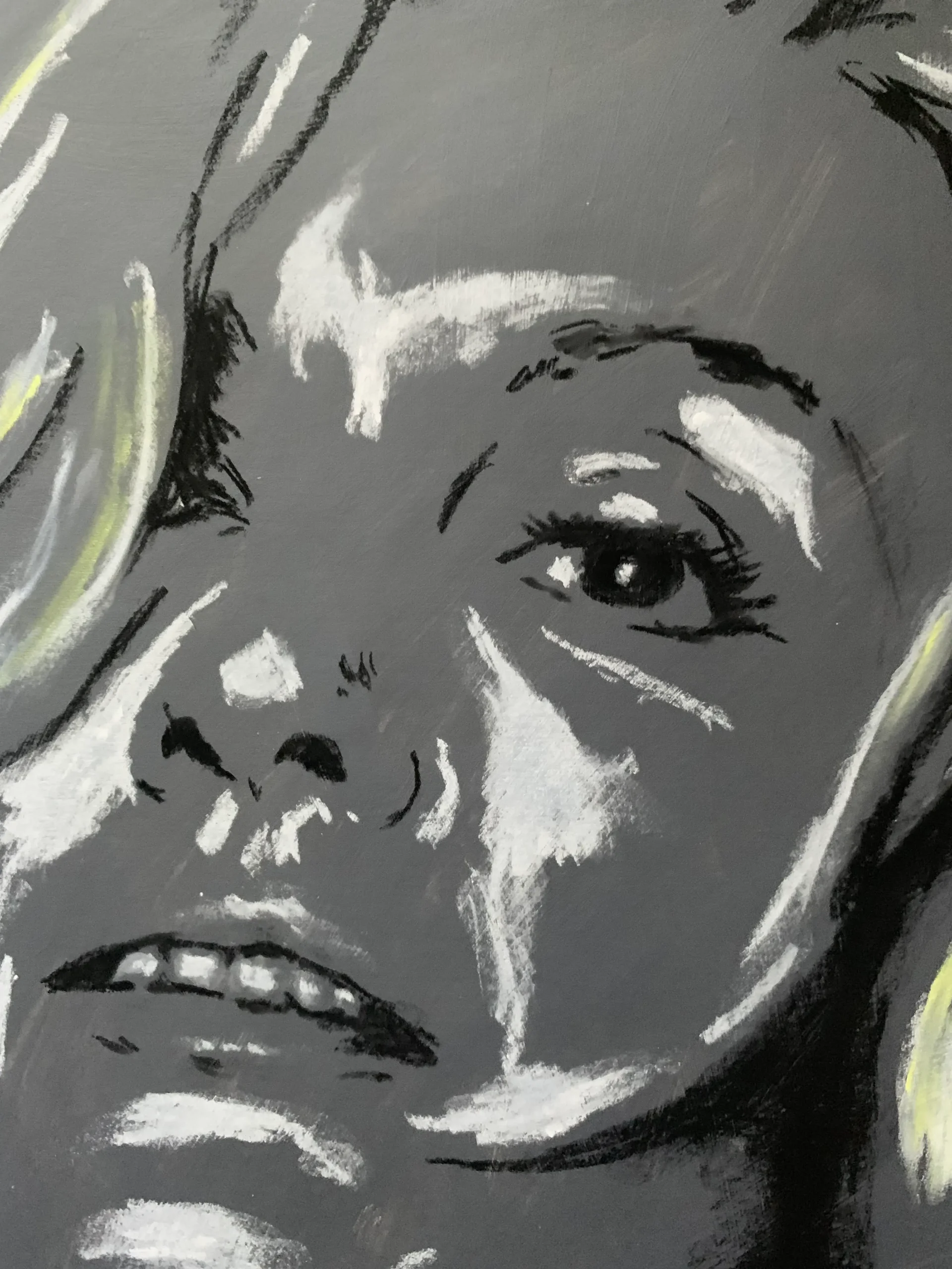 An original expressionist soft pastel portrait of actress Jessica Lange by Savchenko, depicted in high-contrast black, white, and grey tones with pale yellow highlights in her hair against a dark background.
