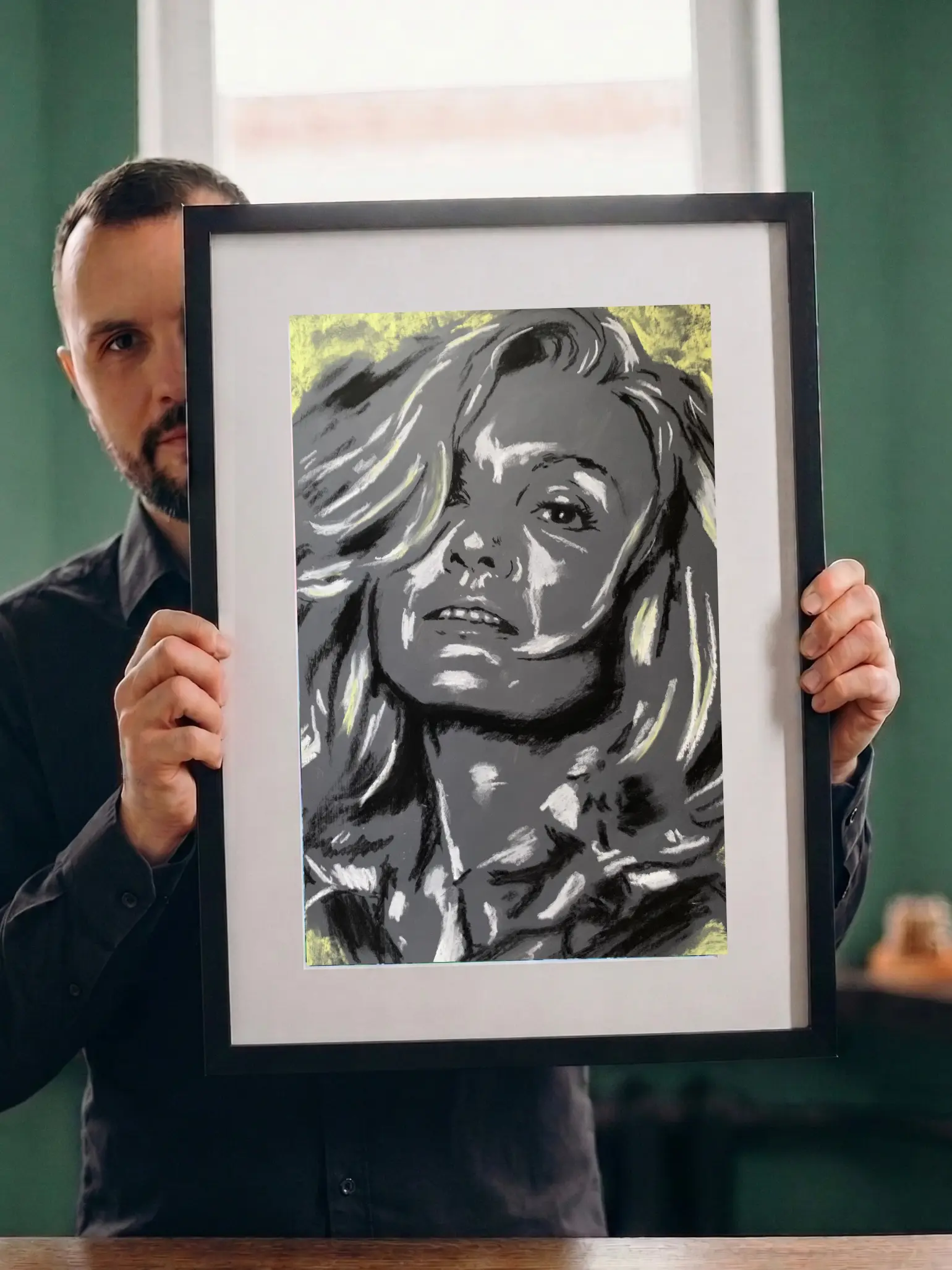 An original expressionist soft pastel portrait of actress Jessica Lange by Savchenko, depicted in high-contrast black, white, and grey tones with pale yellow highlights in her hair against a dark background.