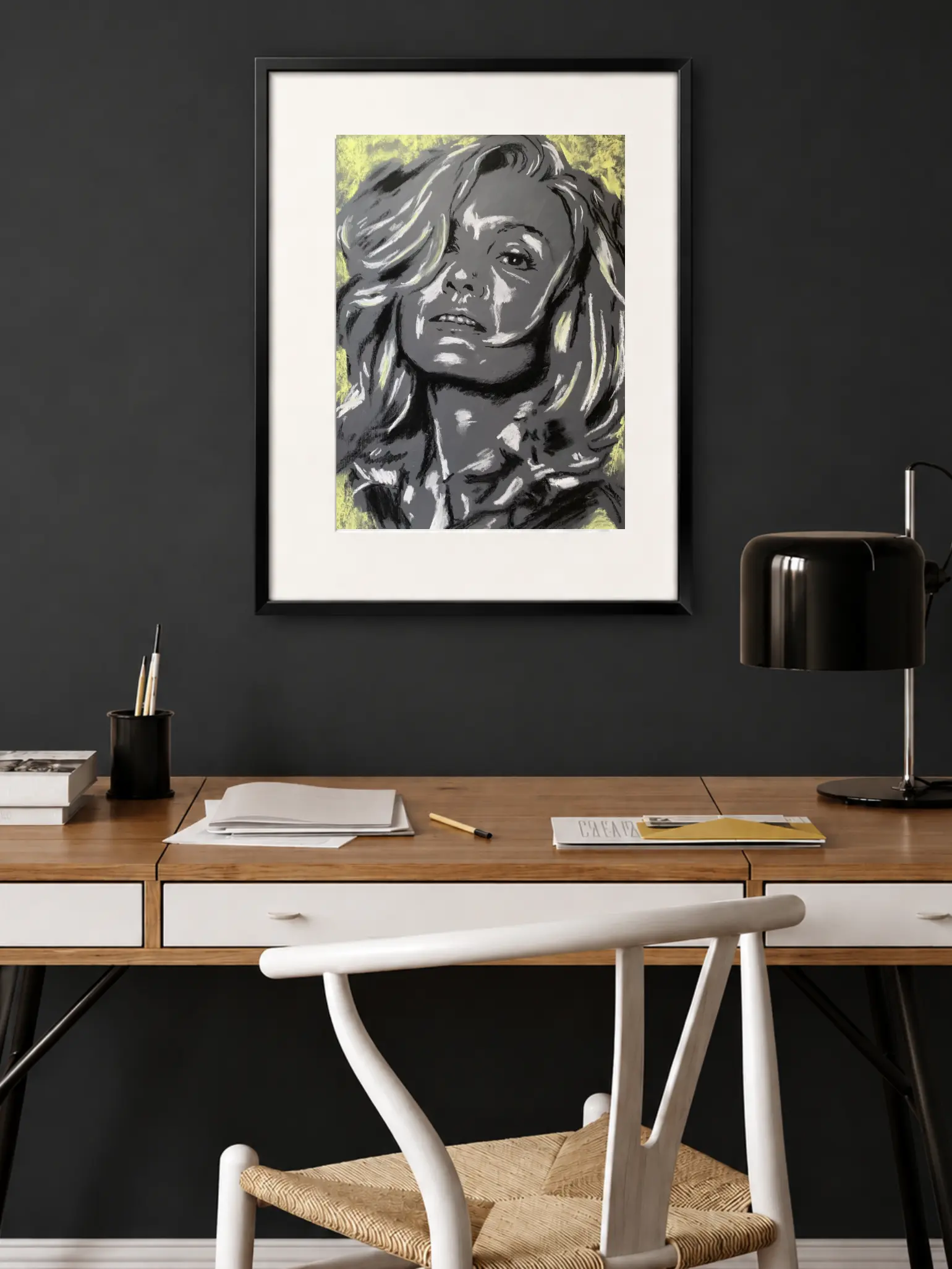 An original expressionist soft pastel portrait of actress Jessica Lange by Savchenko, depicted in high-contrast black, white, and grey tones with pale yellow highlights in her hair against a dark background.