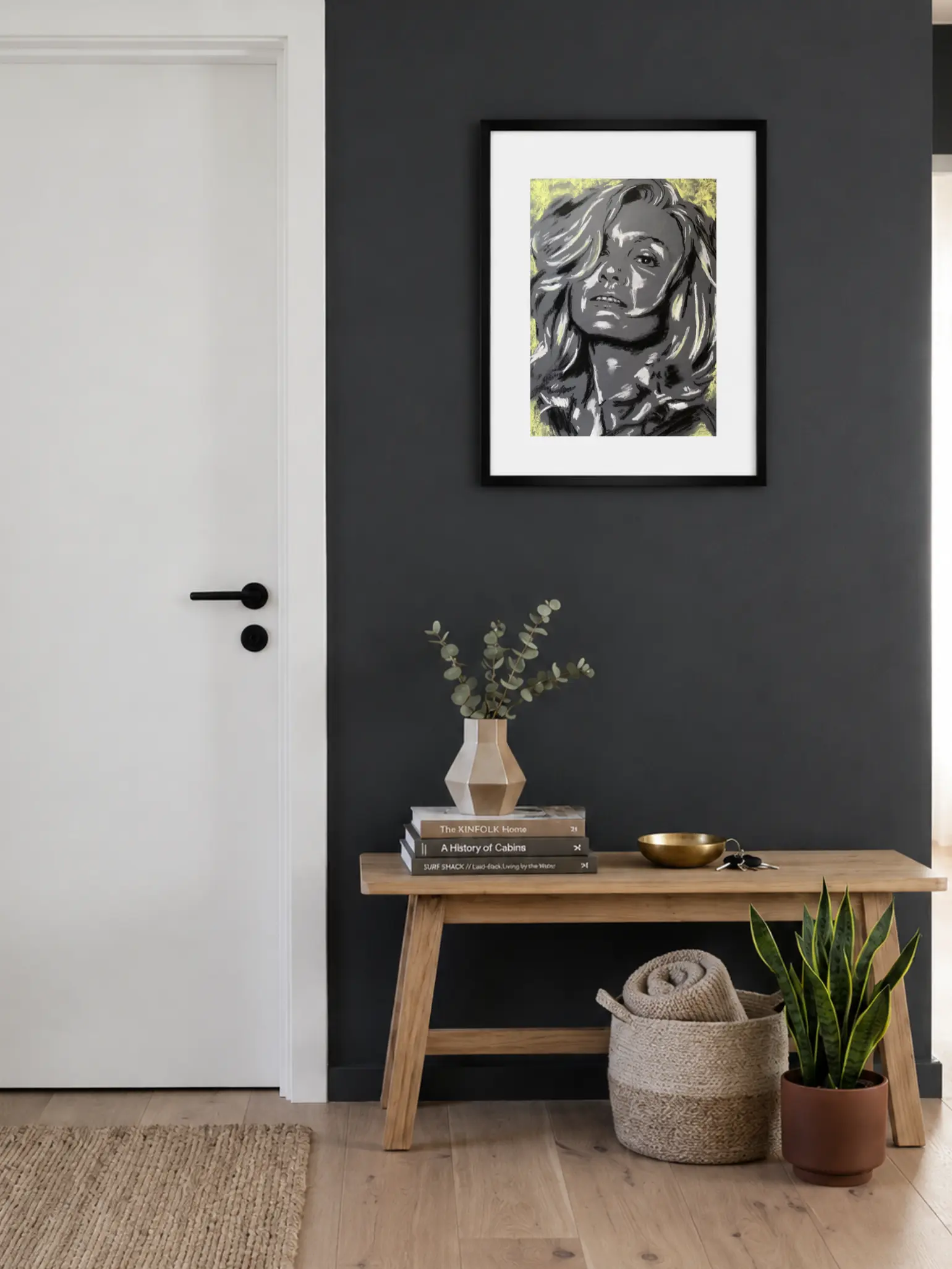 An original expressionist soft pastel portrait of actress Jessica Lange by Savchenko, depicted in high-contrast black, white, and grey tones with pale yellow highlights in her hair against a dark background.
