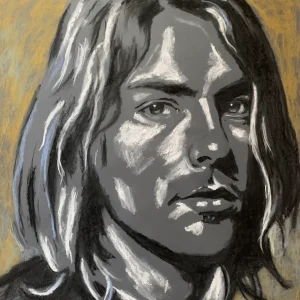 An original expressionist soft pastel portrait of Kurt Cobain by Savchenko, depicted in high-contrast black, white, and grey tones against a textured ochre-gold background.