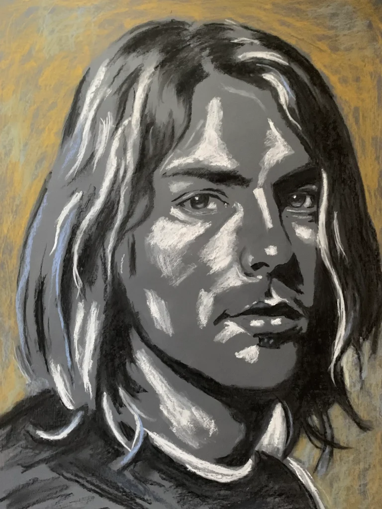 An original expressionist soft pastel portrait of Kurt Cobain by Savchenko, depicted in high-contrast black, white, and grey tones against a textured ochre-gold background.