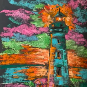 An original expressionist lighthouse landscape painting in soft pastel, showcasing a teal lighthouse emitting a fiery orange glow under a pink and turquoise sky.