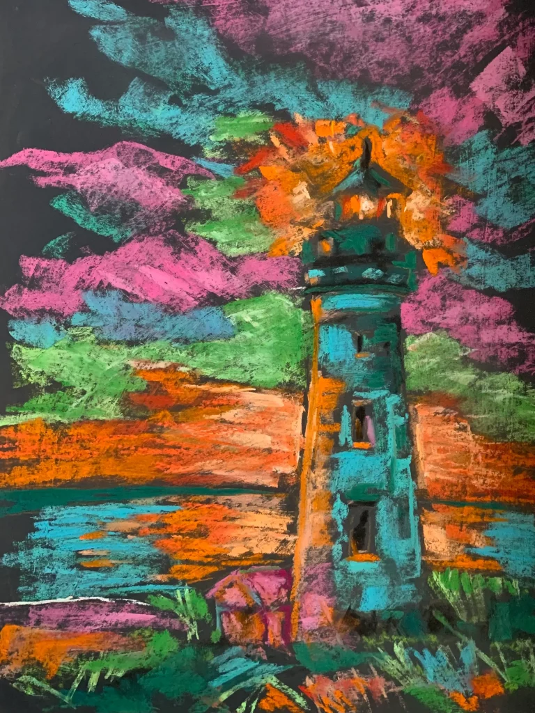 An original expressionist lighthouse landscape painting in soft pastel, showcasing a teal lighthouse emitting a fiery orange glow under a pink and turquoise sky.