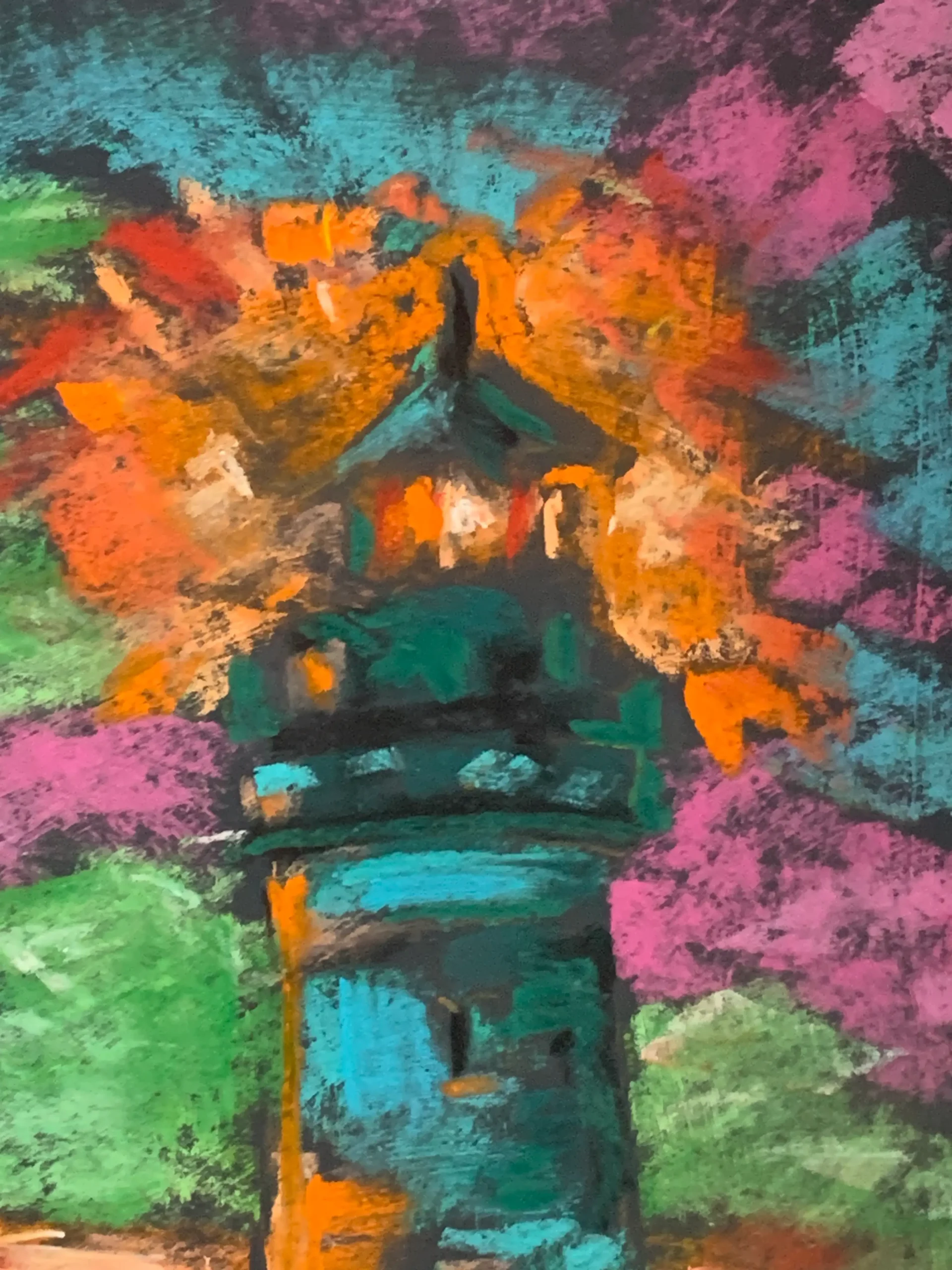 An original expressionist lighthouse landscape painting in soft pastel, showcasing a teal lighthouse emitting a fiery orange glow under a pink and turquoise sky.