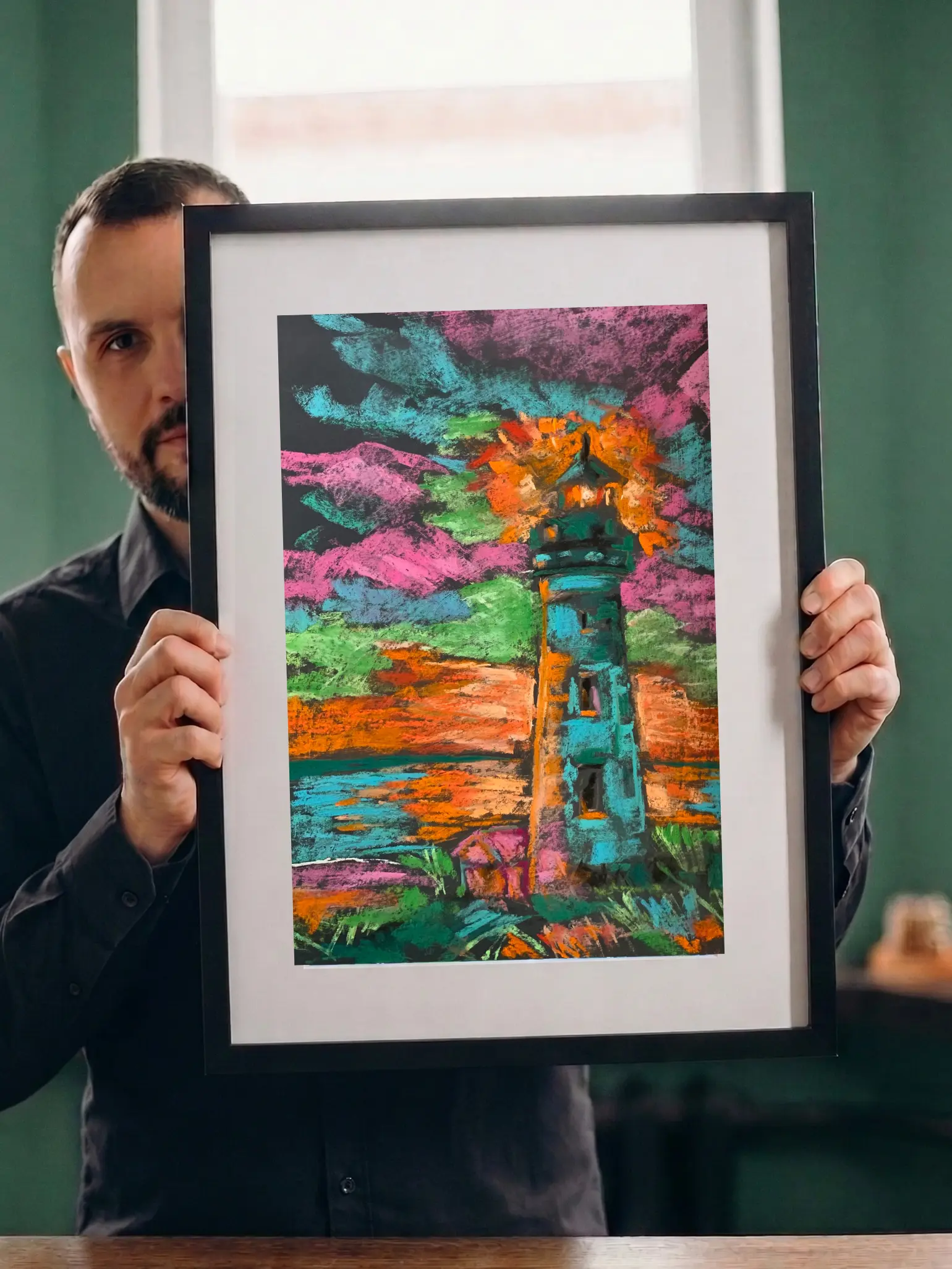 An original expressionist lighthouse landscape painting in soft pastel, showcasing a teal lighthouse emitting a fiery orange glow under a pink and turquoise sky.