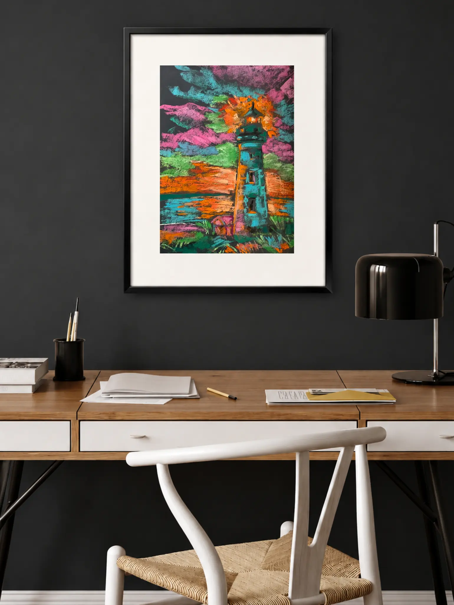 An original expressionist lighthouse landscape painting in soft pastel, showcasing a teal lighthouse emitting a fiery orange glow under a pink and turquoise sky.