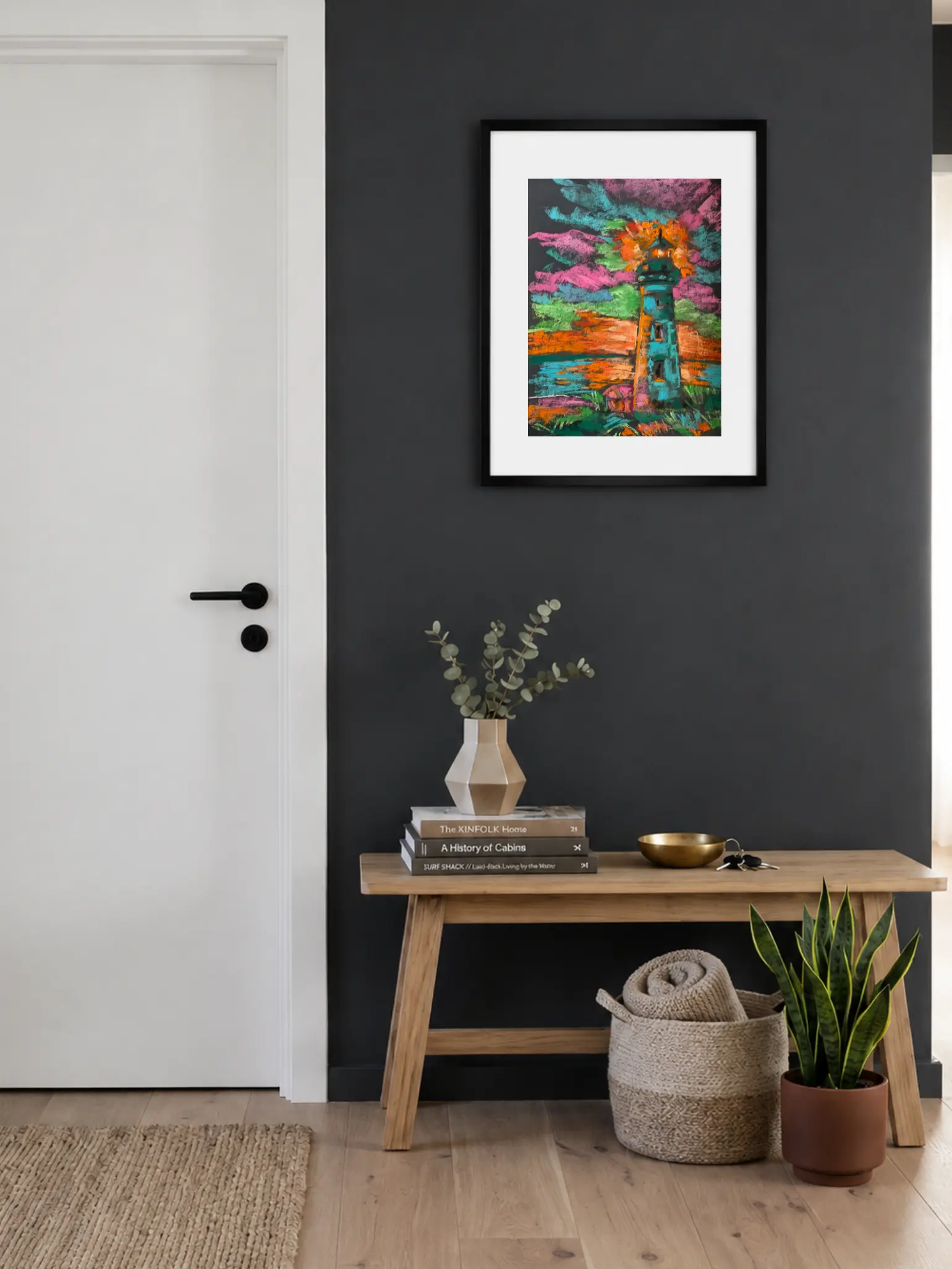 An original expressionist lighthouse landscape painting in soft pastel, showcasing a teal lighthouse emitting a fiery orange glow under a pink and turquoise sky.