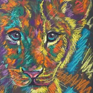 An original expressionist lion cub portrait painting in soft pastel, showcasing a colorful multicolored cub with striking turquoise eyes.