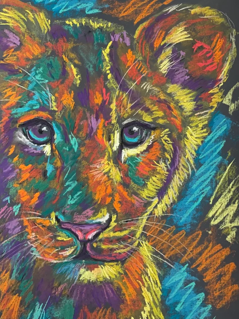 An original expressionist lion cub portrait painting in soft pastel, showcasing a colorful multicolored cub with striking turquoise eyes.