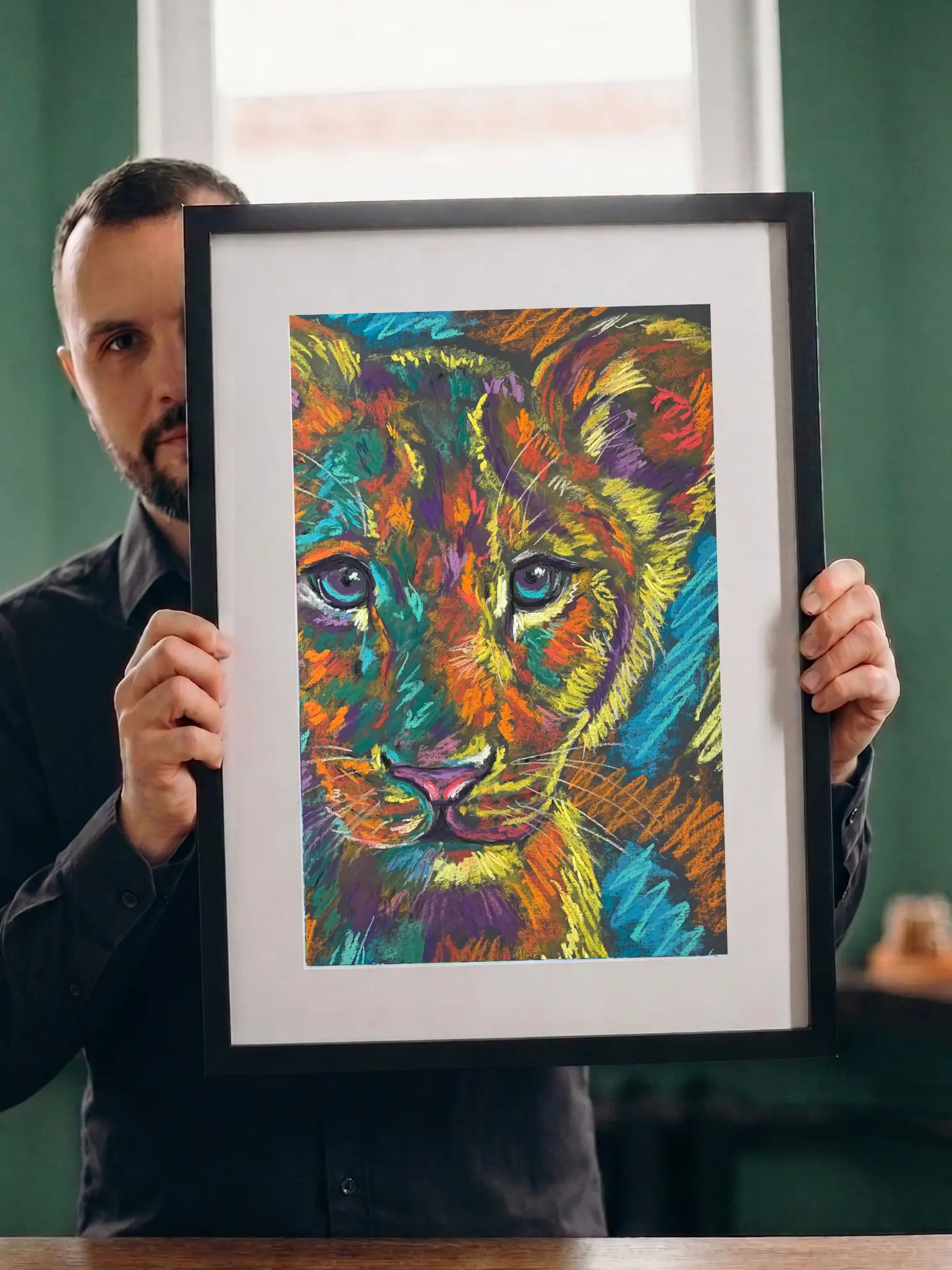 An original expressionist lion cub portrait painting in soft pastel, showcasing a colorful multicolored cub with striking turquoise eyes.