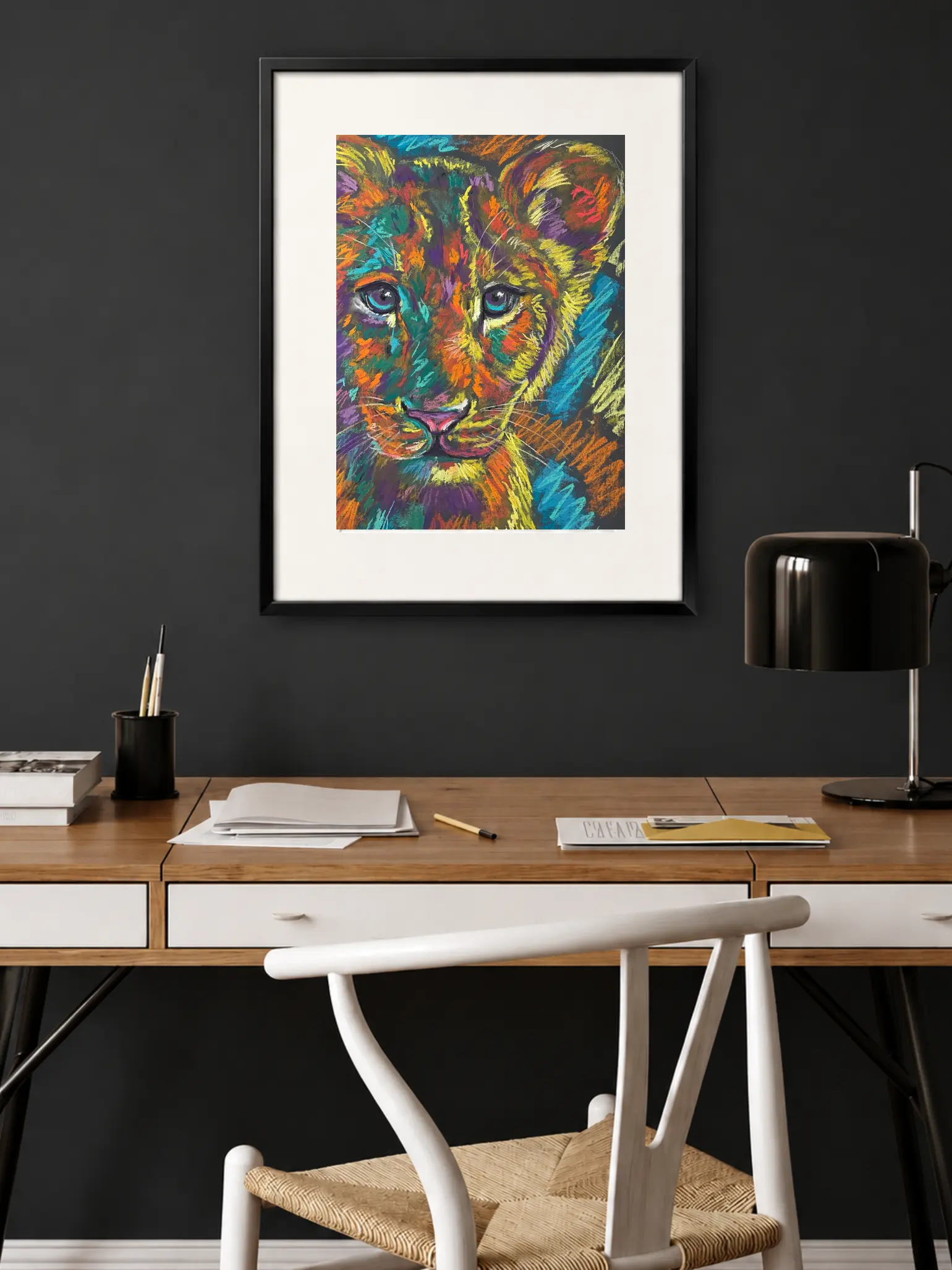 An original expressionist lion cub portrait painting in soft pastel, showcasing a colorful multicolored cub with striking turquoise eyes.