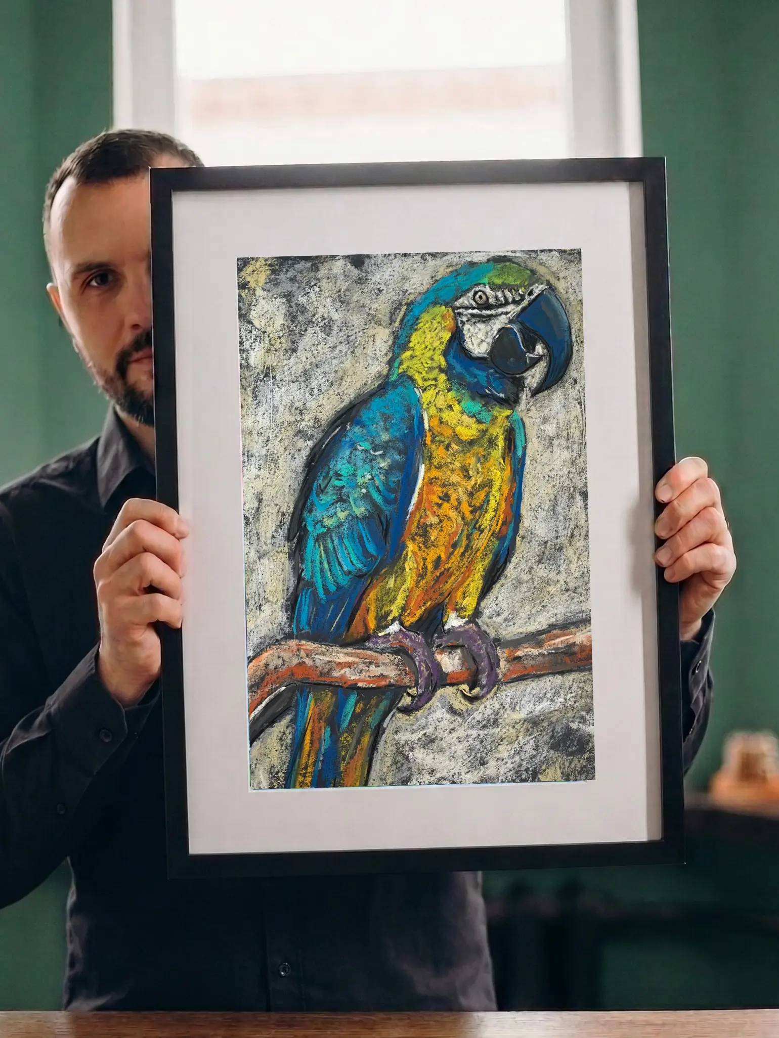An original expressionist macaw parrot painting in soft pastel, depicting a vibrant blue and yellow tropical bird perched on a branch against a textured background.