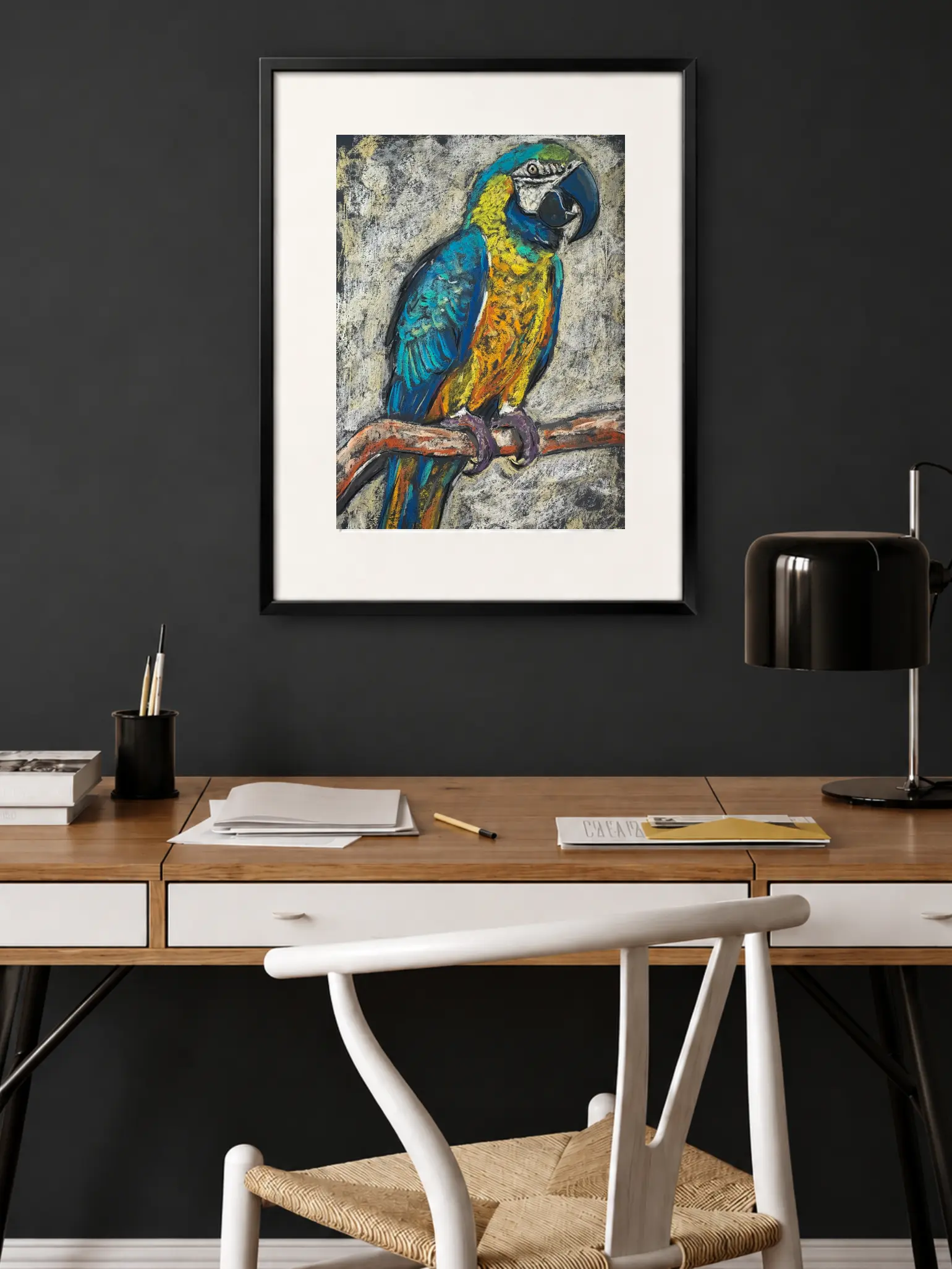 An original expressionist macaw parrot painting in soft pastel, depicting a vibrant blue and yellow tropical bird perched on a branch against a textured background.