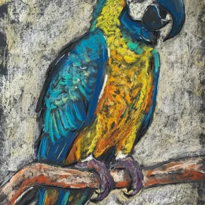 An original expressionist macaw parrot painting in soft pastel, depicting a vibrant blue and yellow tropical bird perched on a branch against a textured background.