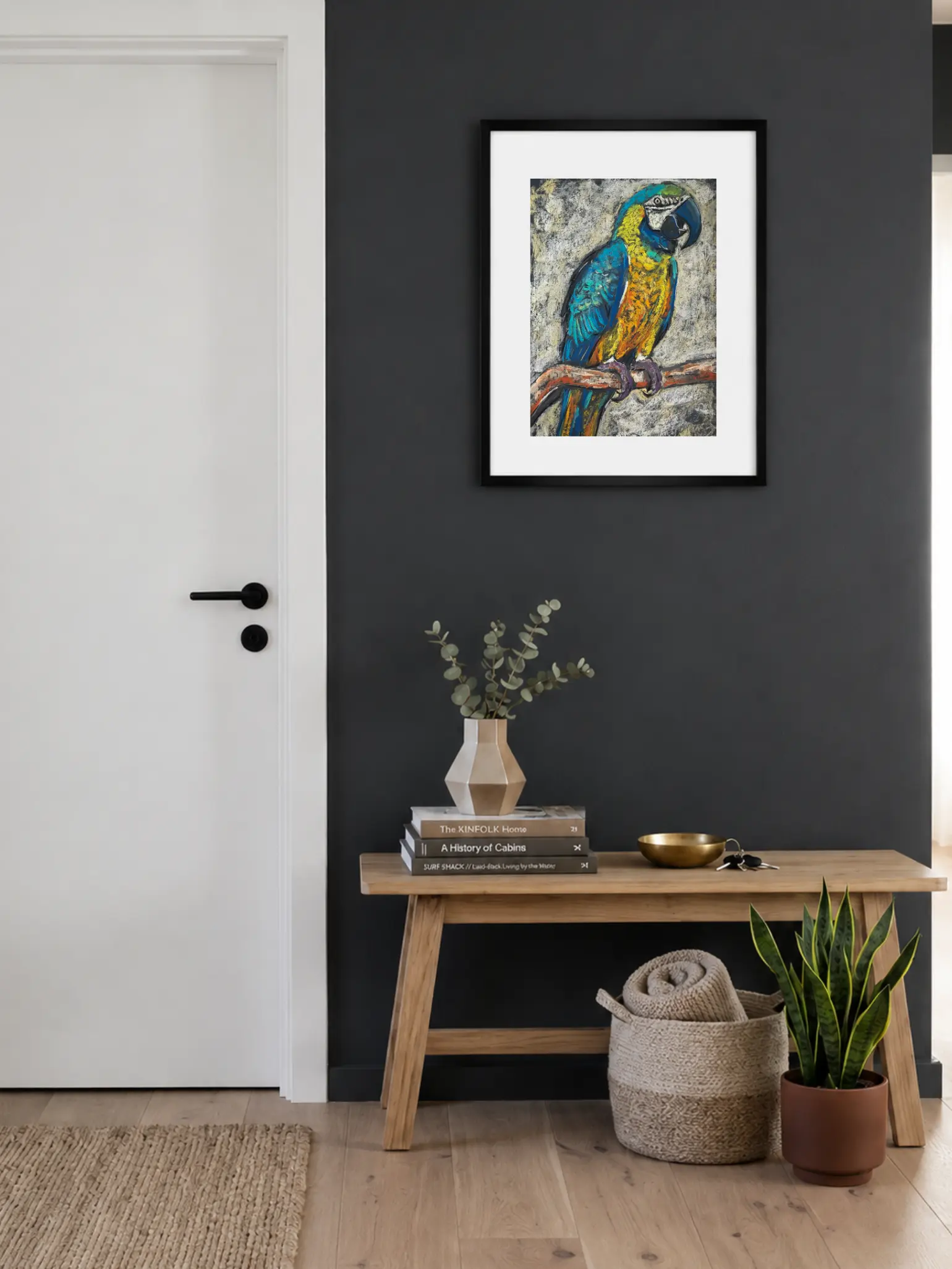 An original expressionist macaw parrot painting in soft pastel, depicting a vibrant blue and yellow tropical bird perched on a branch against a textured background.