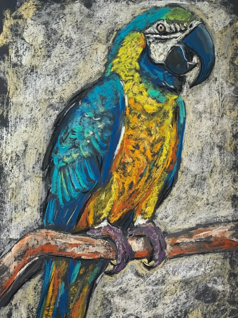 An original expressionist macaw parrot painting in soft pastel, depicting a vibrant blue and yellow tropical bird perched on a branch against a textured background.