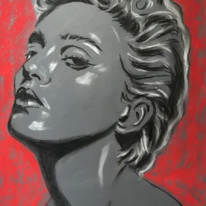 An original expressionist soft pastel painting of Madonna by Savchenko, rendered in a high-contrast monochrome style with white highlights against a vibrant, textured red background.