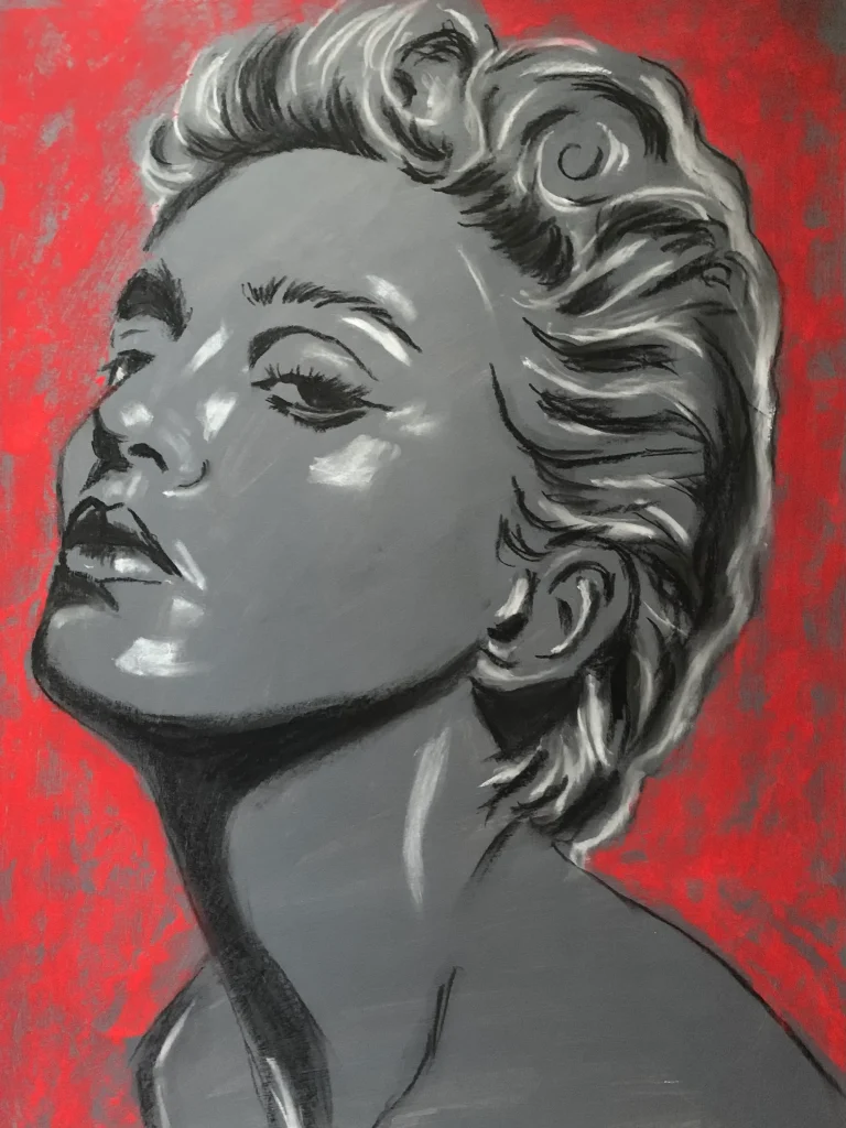 An original expressionist soft pastel painting of Madonna by Savchenko, rendered in a high-contrast monochrome style with white highlights against a vibrant, textured red background.