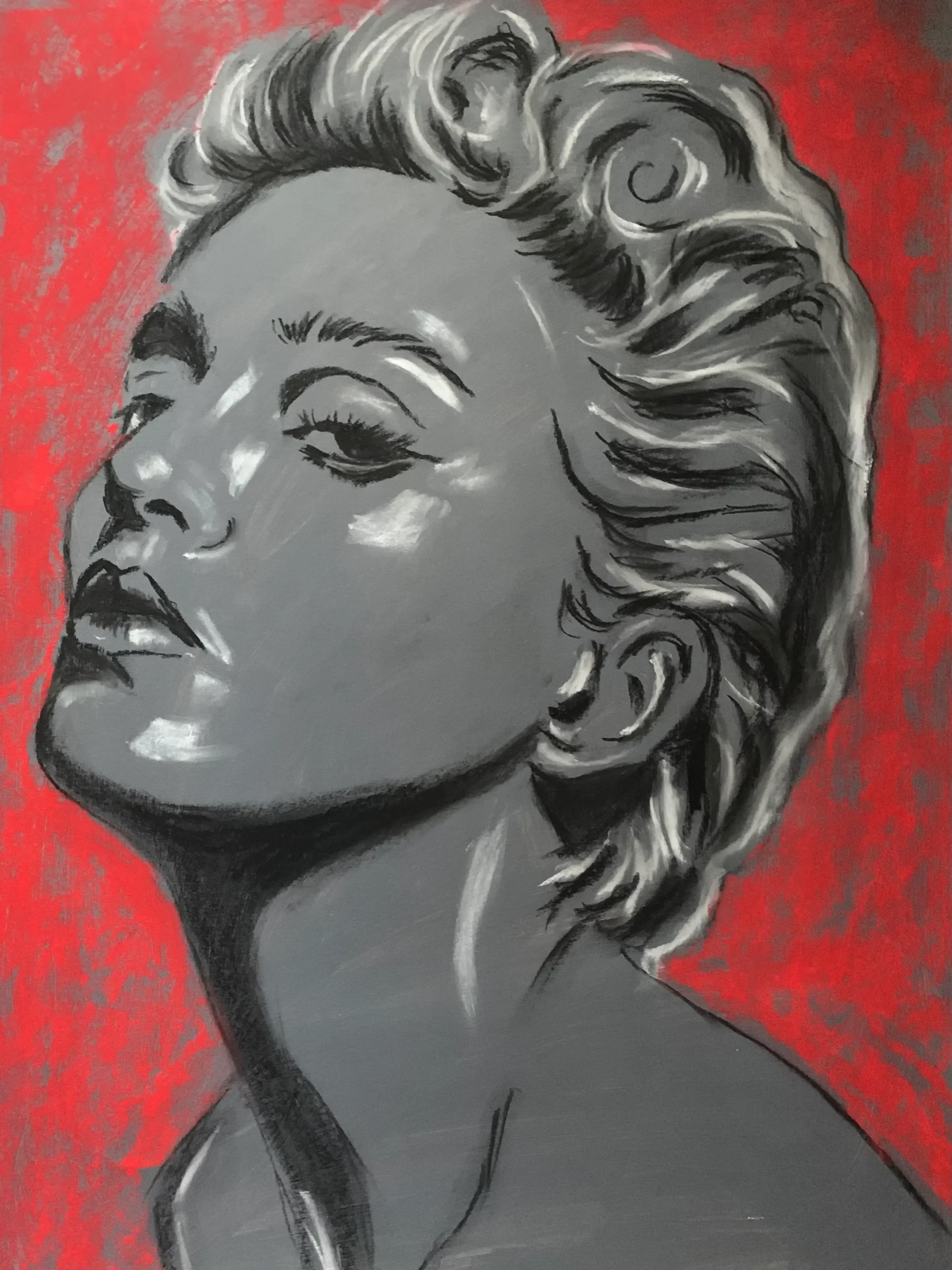 An original expressionist soft pastel painting of Madonna by Savchenko, rendered in a high-contrast monochrome style with white highlights against a vibrant, textured red background.