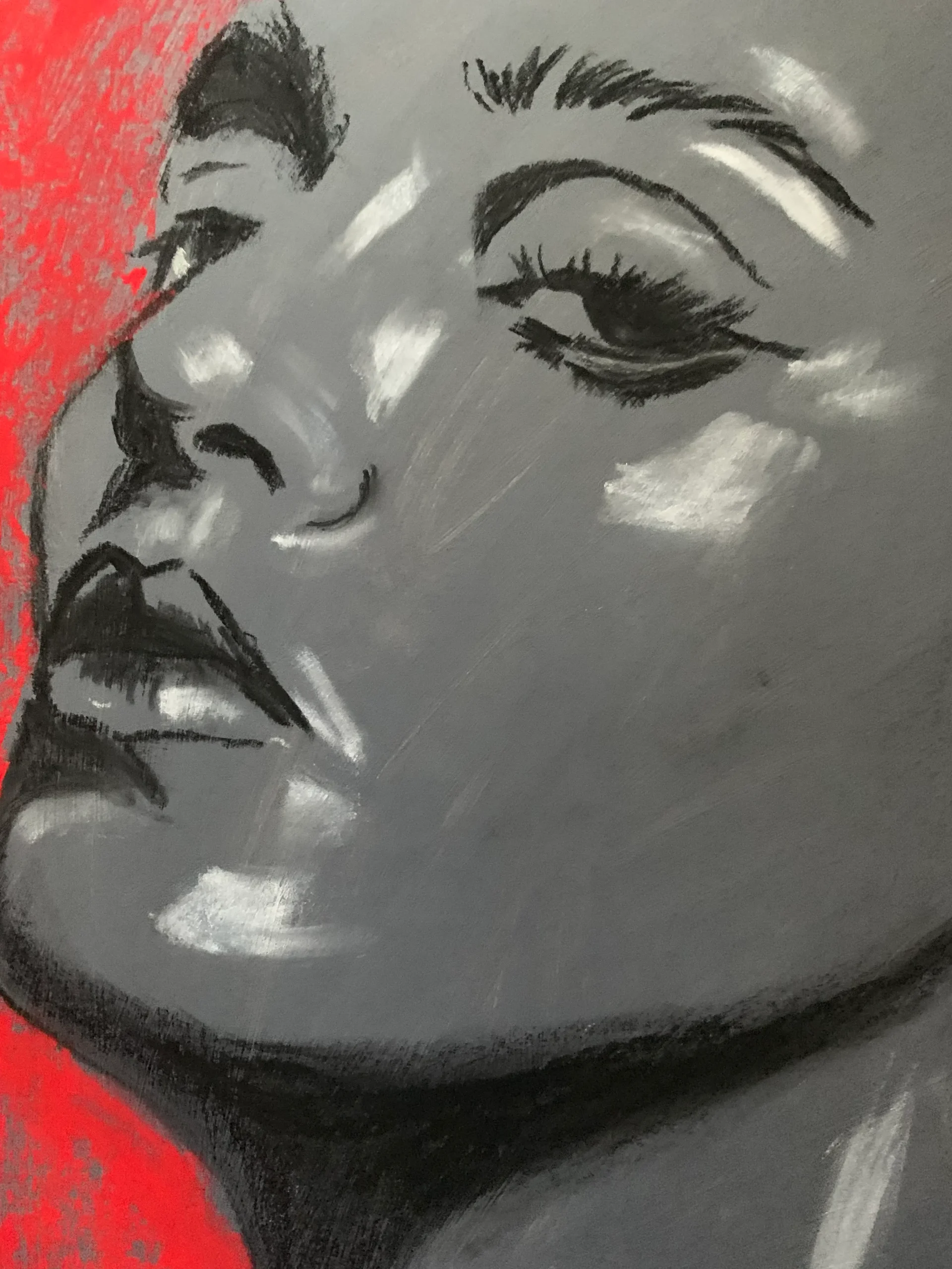 An original expressionist soft pastel painting of Madonna by Savchenko, rendered in a high-contrast monochrome style with white highlights against a vibrant, textured red background.