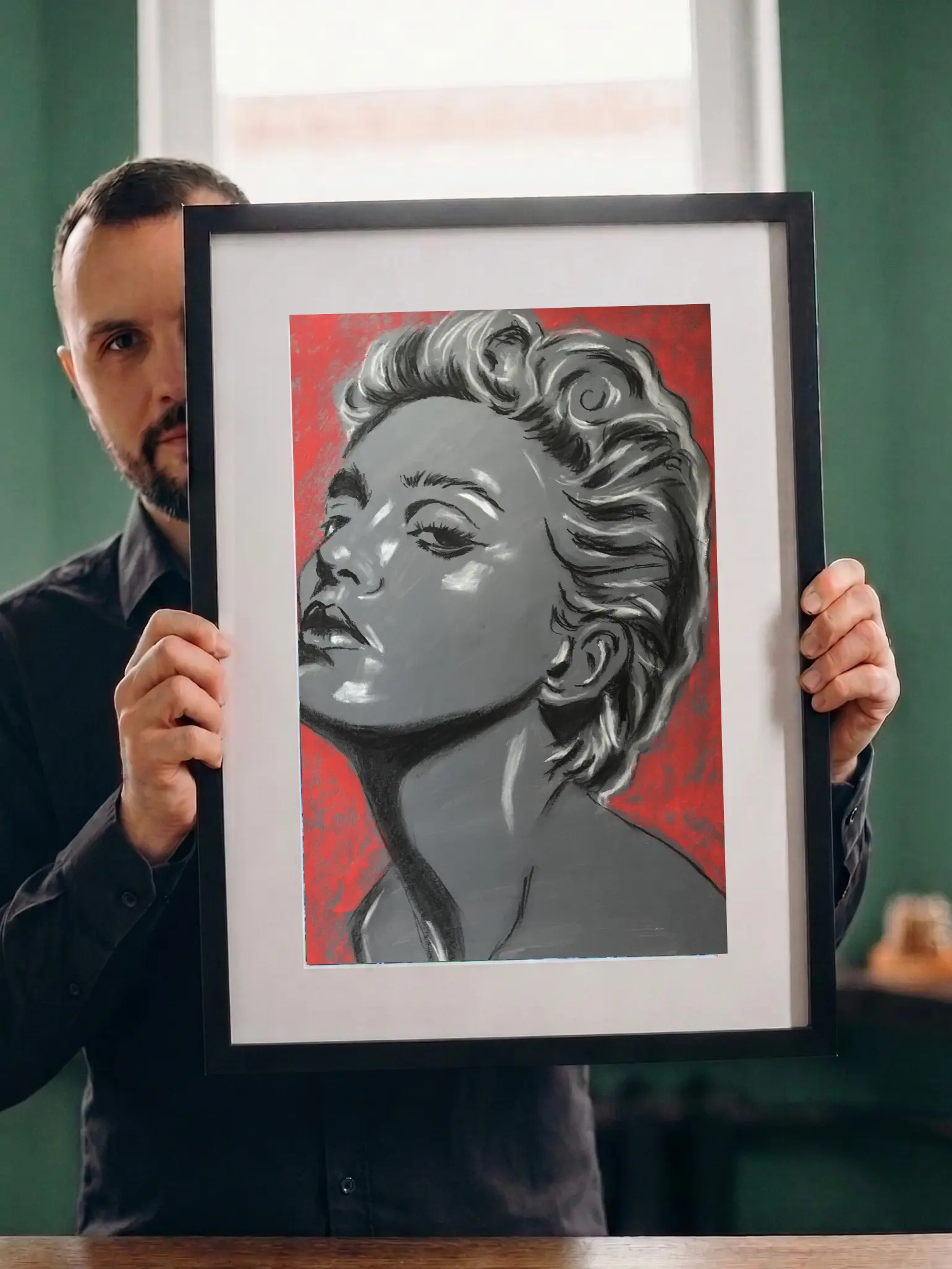 An original expressionist soft pastel painting of Madonna by Savchenko, rendered in a high-contrast monochrome style with white highlights against a vibrant, textured red background.