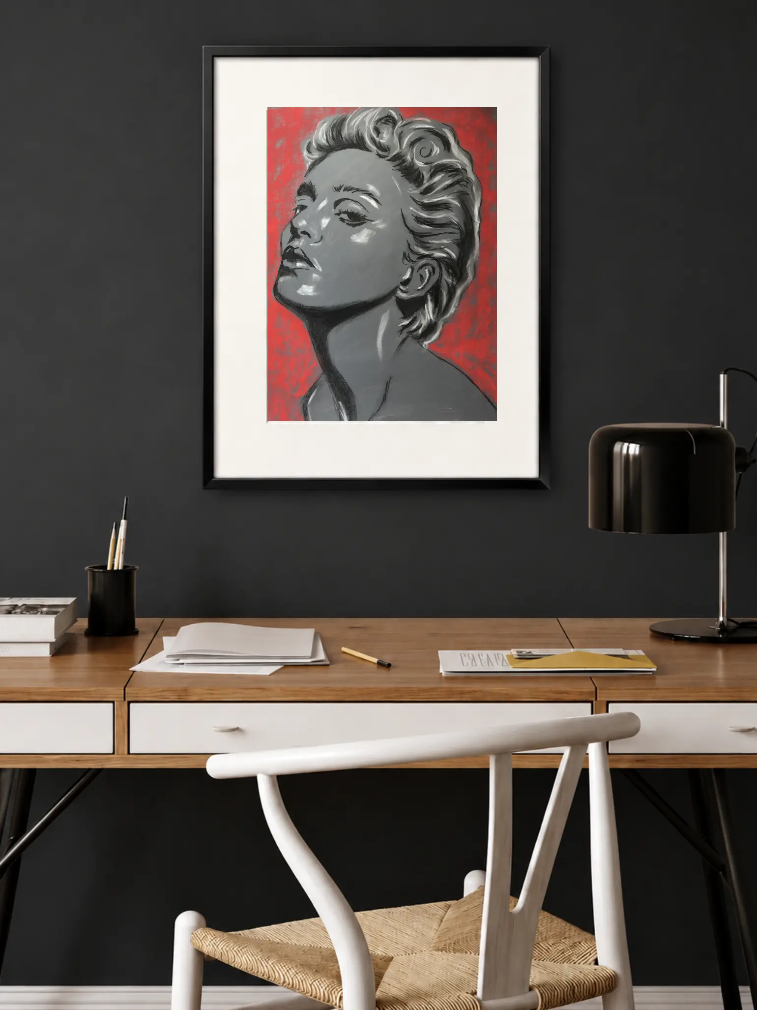 An original expressionist soft pastel painting of Madonna by Savchenko, rendered in a high-contrast monochrome style with white highlights against a vibrant, textured red background.