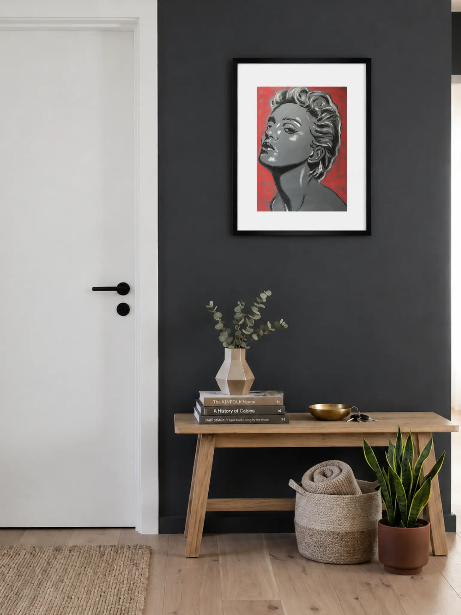 An original expressionist soft pastel painting of Madonna by Savchenko, rendered in a high-contrast monochrome style with white highlights against a vibrant, textured red background.