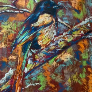 An original expressionist magpie bird painting in soft pastel, depicting a textured blue, black, and white bird perched on a branch against a vibrant, multi-colored background.