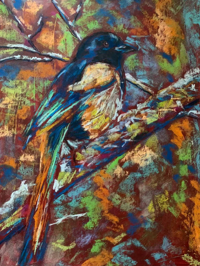 An original expressionist magpie bird painting in soft pastel, depicting a textured blue, black, and white bird perched on a branch against a vibrant, multi-colored background.