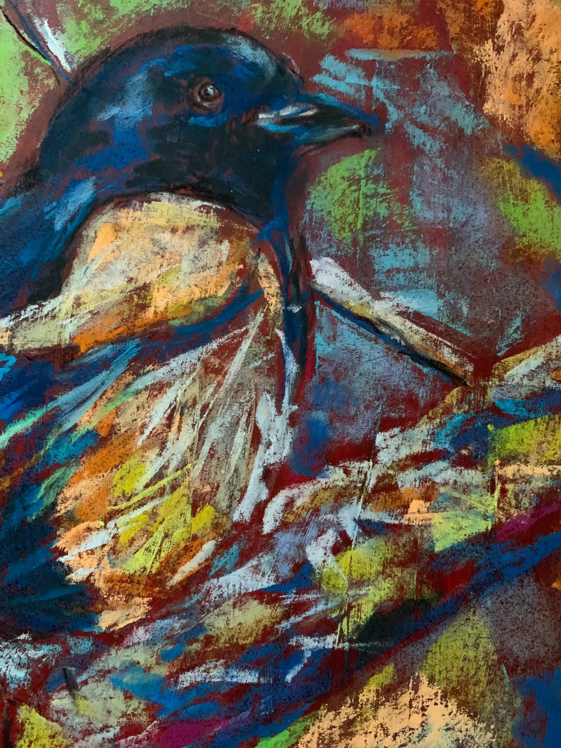 An original expressionist magpie bird painting in soft pastel, depicting a textured blue, black, and white bird perched on a branch against a vibrant, multi-colored background.