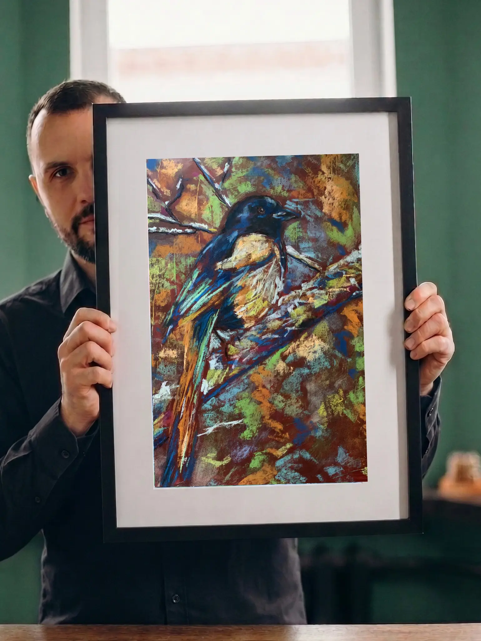 An original expressionist magpie bird painting in soft pastel, depicting a textured blue, black, and white bird perched on a branch against a vibrant, multi-colored background.