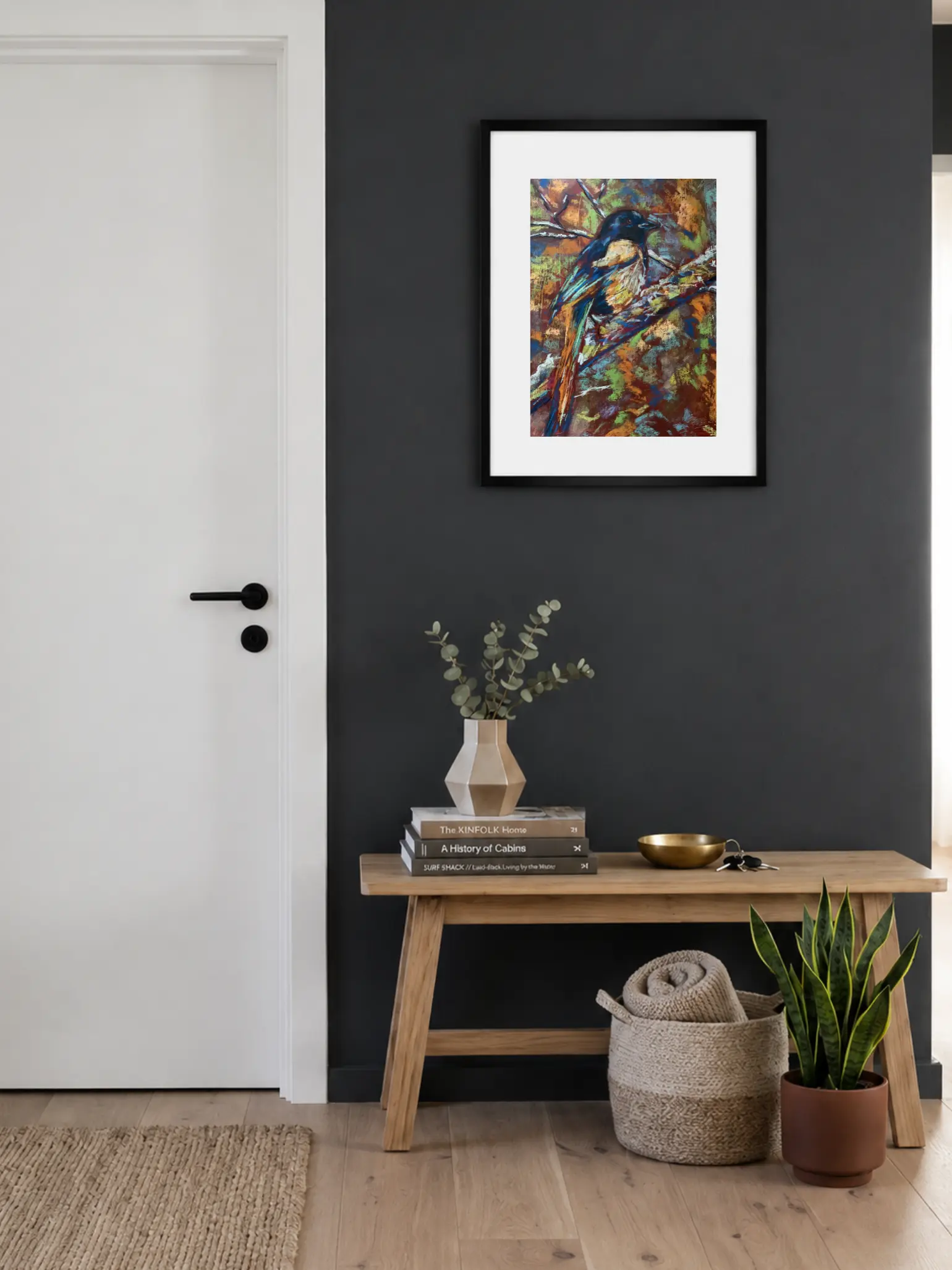 An original expressionist magpie bird painting in soft pastel, depicting a textured blue, black, and white bird perched on a branch against a vibrant, multi-colored background.