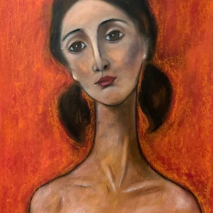 An original expressionist soft pastel painting by Savchenko in the style of Modigliani, depicting a woman's portrait with an elongated neck and sad eyes against a textured, vibrant orange background.