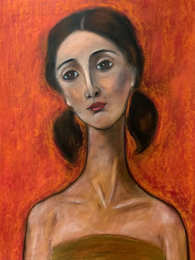 An original expressionist soft pastel painting by Savchenko in the style of Modigliani, depicting a woman's portrait with an elongated neck and sad eyes against a textured, vibrant orange background.