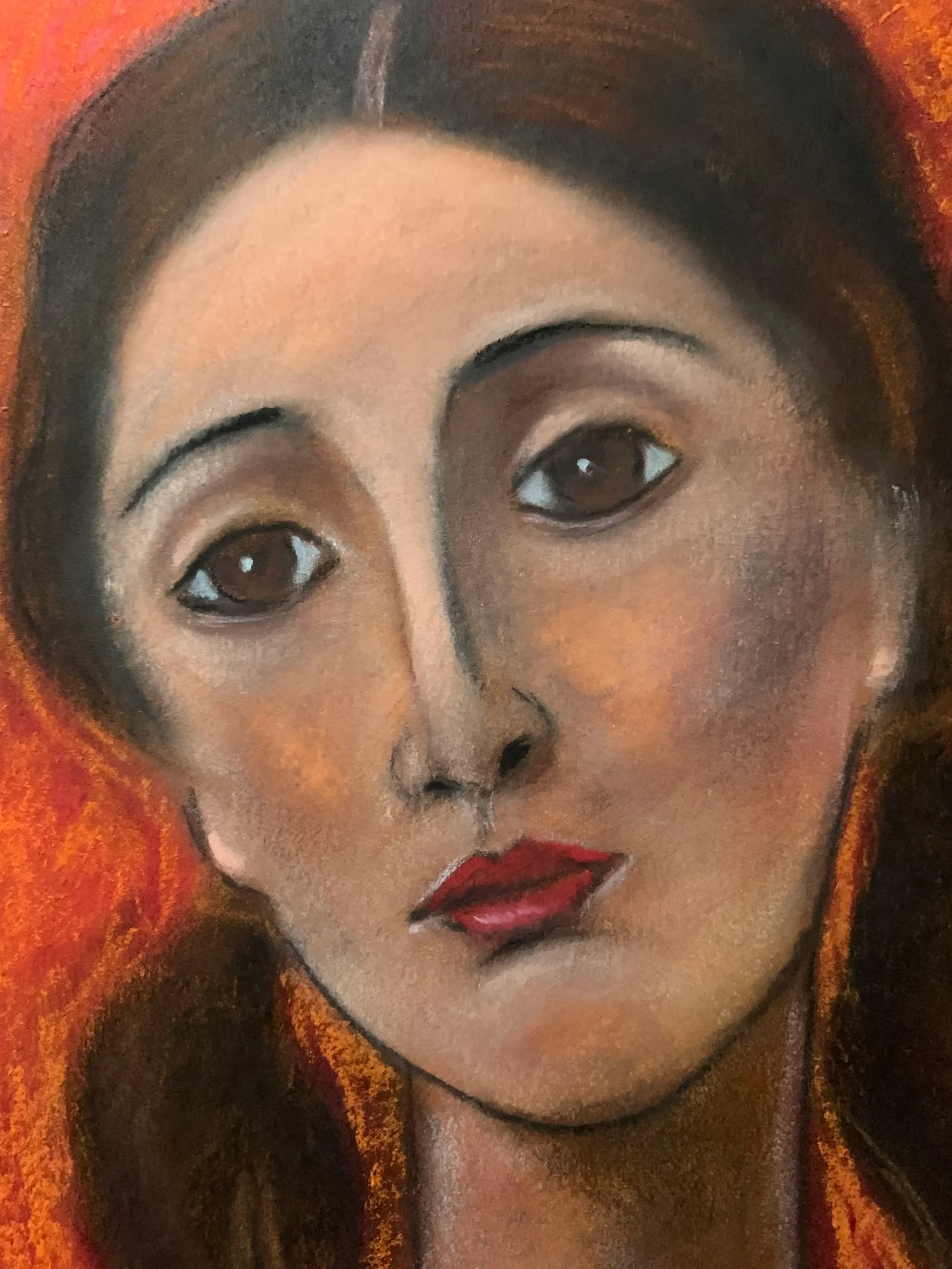 An original expressionist soft pastel painting by Savchenko in the style of Modigliani, depicting a woman's portrait with an elongated neck and sad eyes against a textured, vibrant orange background.