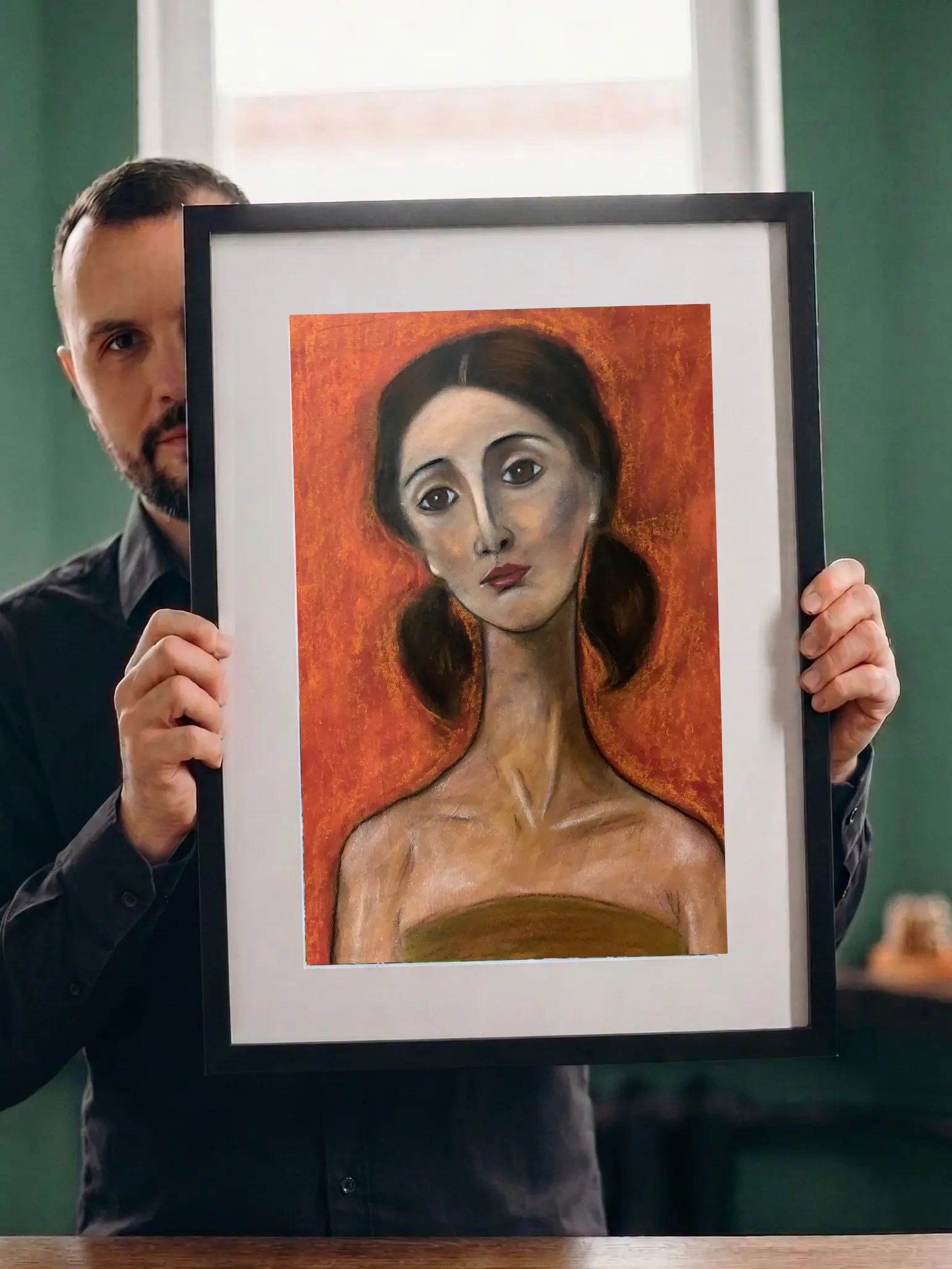 An original expressionist soft pastel painting by Savchenko in the style of Modigliani, depicting a woman's portrait with an elongated neck and sad eyes against a textured, vibrant orange background.