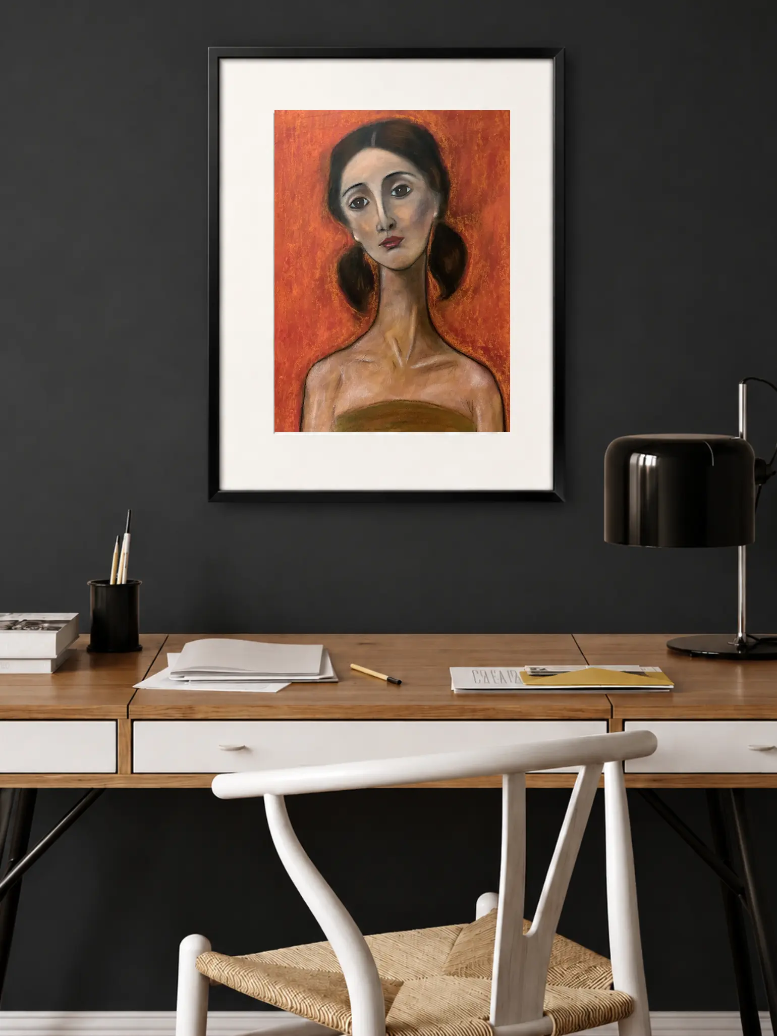 An original expressionist soft pastel painting by Savchenko in the style of Modigliani, depicting a woman's portrait with an elongated neck and sad eyes against a textured, vibrant orange background.