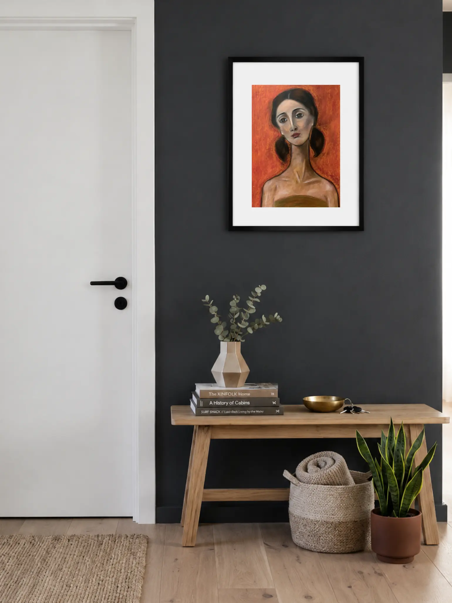 An original expressionist soft pastel painting by Savchenko in the style of Modigliani, depicting a woman's portrait with an elongated neck and sad eyes against a textured, vibrant orange background.