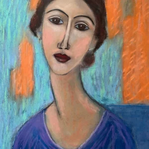 An original expressionist soft pastel painting by Savchenko in the style of Modigliani, depicting a woman's portrait with an elongated neck and almond eyes, wearing a purple dress against a blue and orange background.
